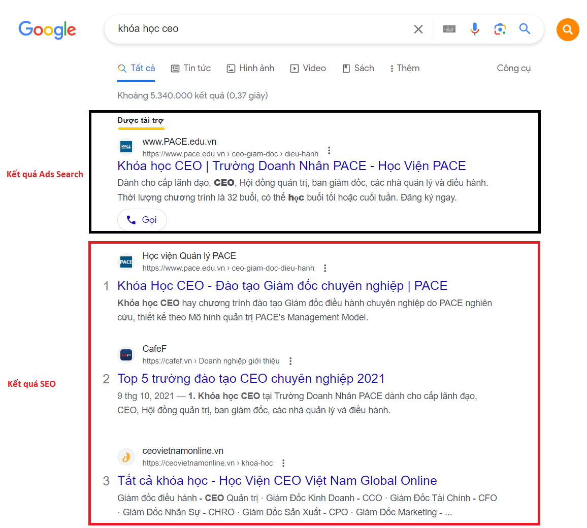 Ví dụ SEO từ khóa "Khóa học CEO"